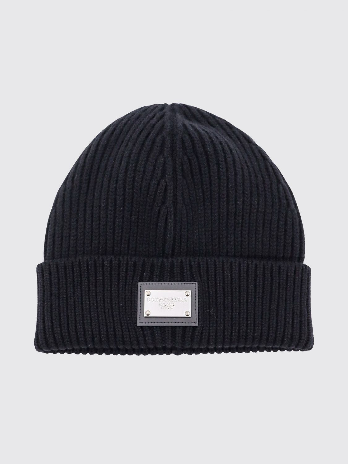 DOLCE & GABBANA Ribbed Beanie in Wool and Cashmere Blend with Logo Plaque