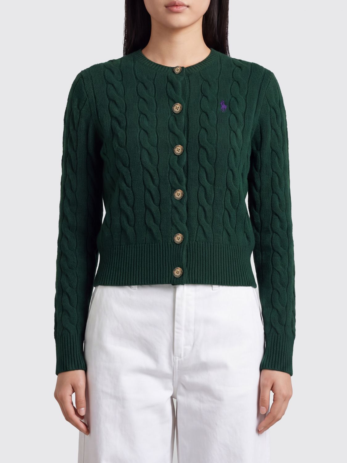 Polo Ralph Lauren Crewneck Knit Wool Cardigan With Embroidered Pony Logo In 绿色