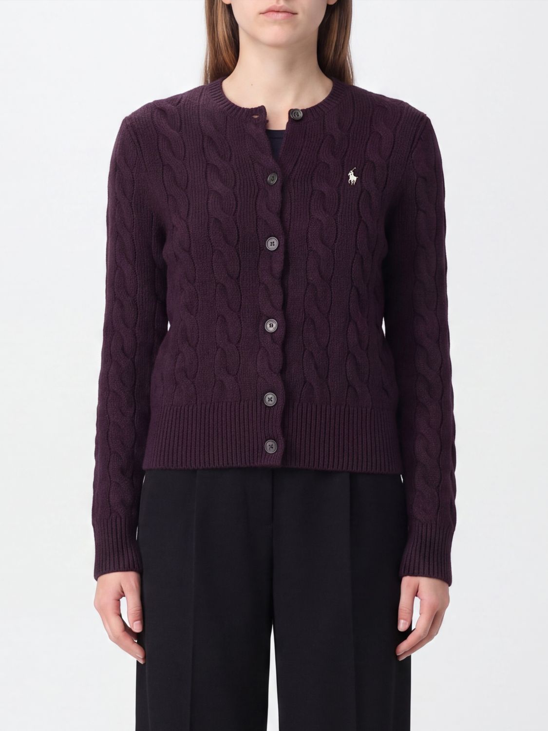 Polo Ralph Lauren Crewneck Knit Wool Cardigan With Embroidered Pony Logo In 紫色