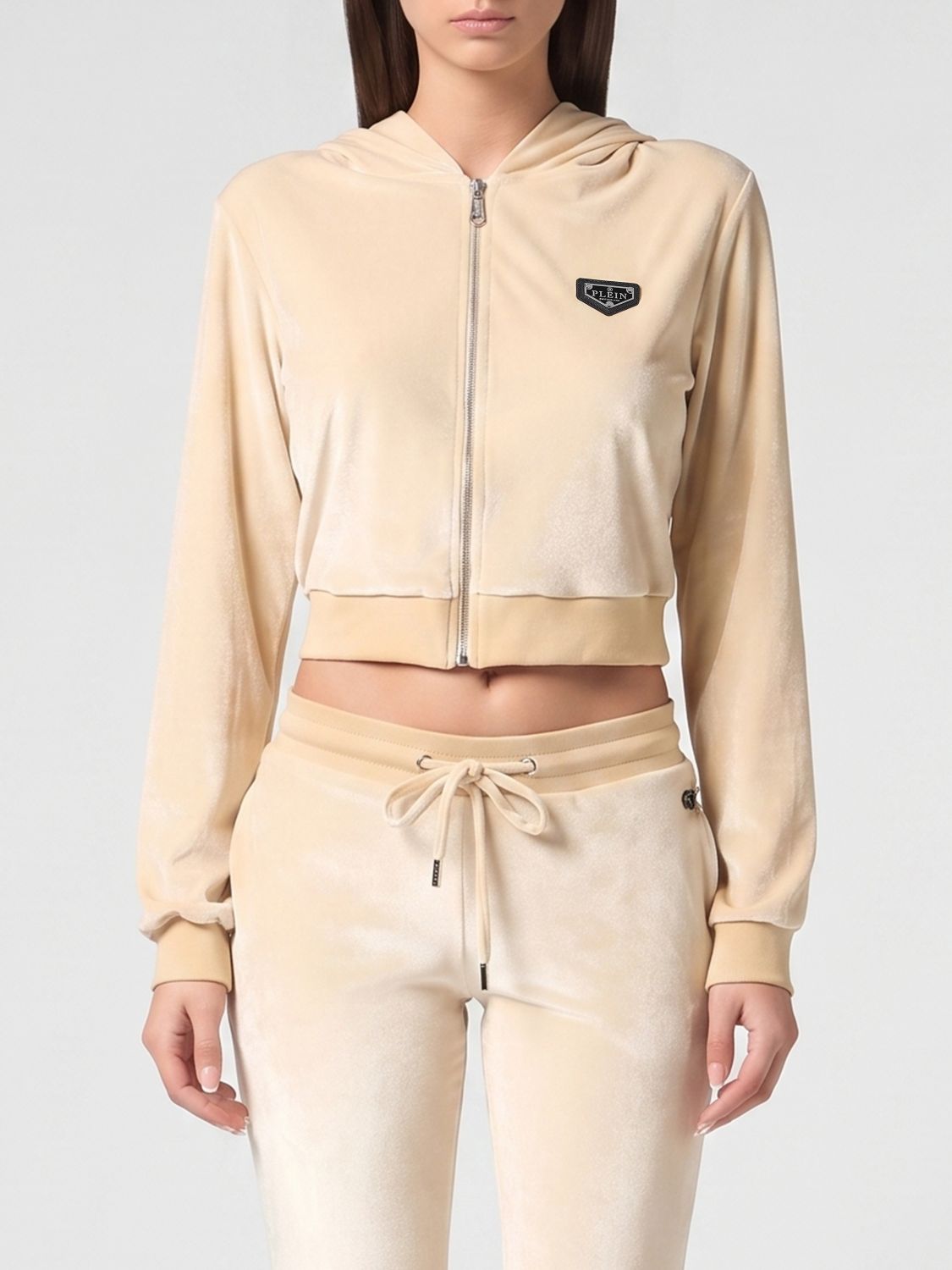 PHILIPP PLEIN Felpa cropped con zip in velluto e strass Skull