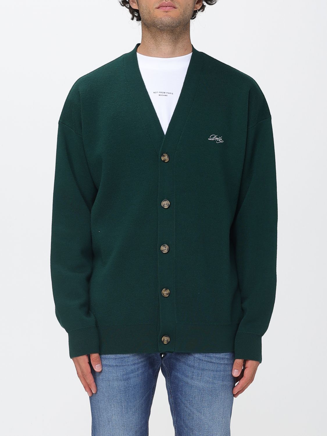 Drôle De Monsieur V-Neck Wool Cardigan with Embroidered Logo
