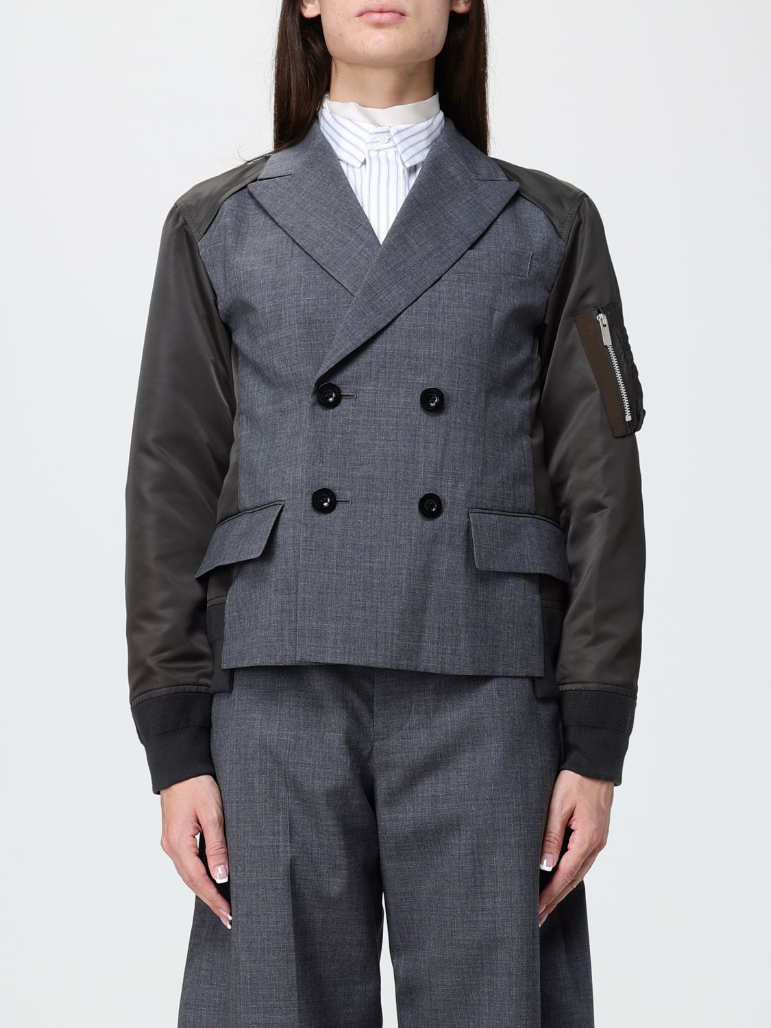 Sacai Slim Fit Double-Breasted Short Coat in Wool with Nylon Inserts