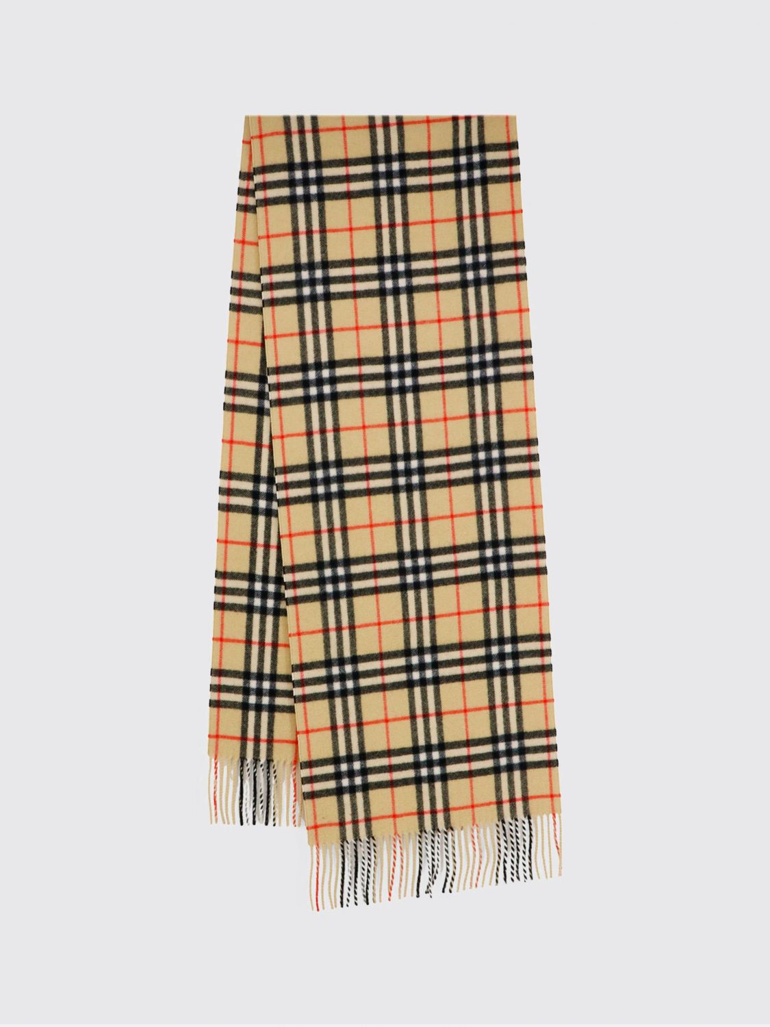 BURBERRY Check Cashmere Scarf with Fringed Edges