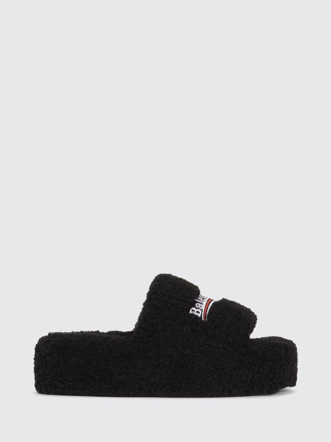 BALENCIAGA Shearling-Pantoletten mit Keilabsatz von mit gesticktem Logo