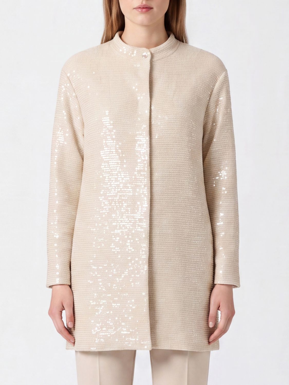 HERNO Sequin-Embroidered Short Georgette Coat with Mandarin Collar