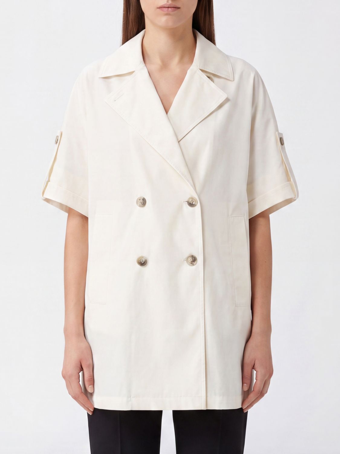 HERNO Short Double-Breasted Cotton Gabardine Trench Coat with Short Sleeves