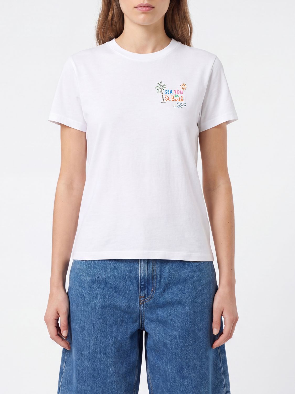 Mc2 Saint Barth Crew Neck Cotton T-Shirt with a Front Slogan Print