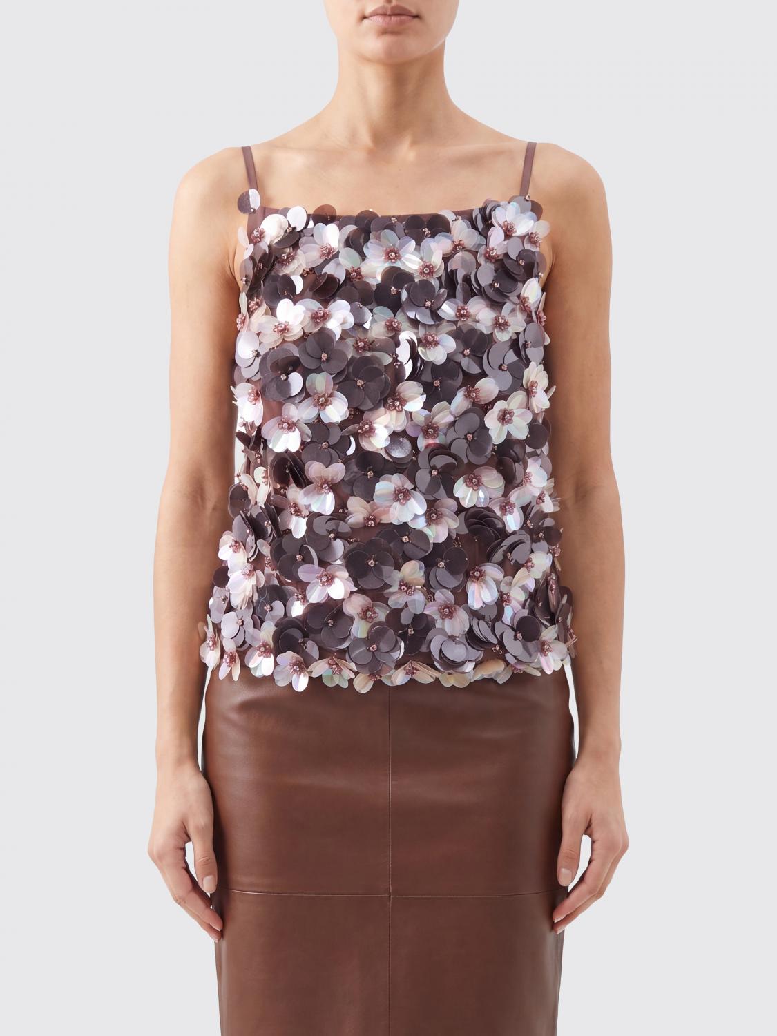 P. A.R. O.S. H. Top da sera slim fit con paillettes e scollo quadrato