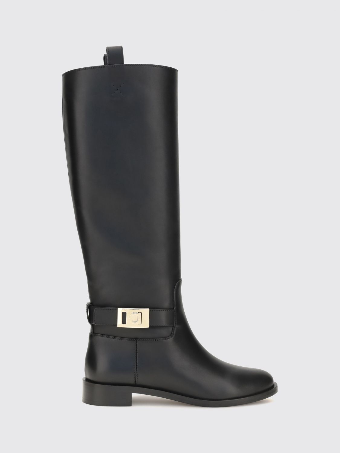 FERRAGAMO Calfskin Knee-High Boots with Gancini Logo and Round Toe