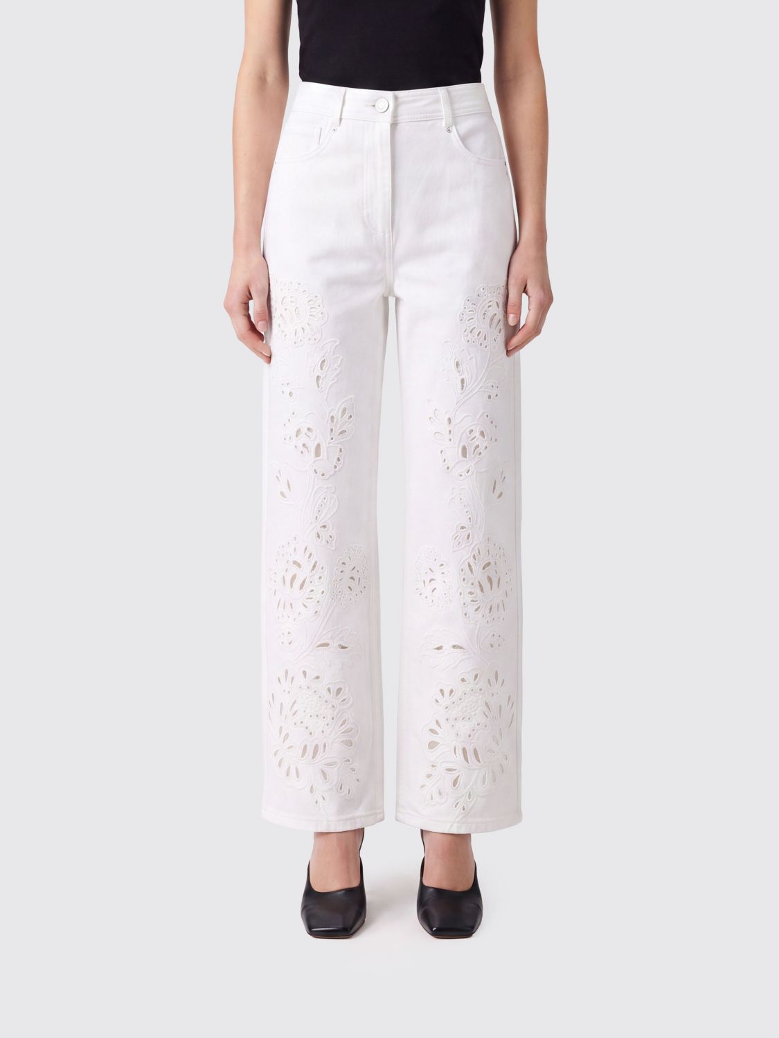 Farm Rio Richelieu High-Waisted Straight Cotton Trousers with Lace Inserts