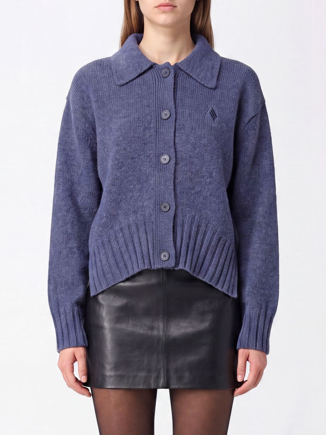 THE ATTICO Wool and Cashmere Polo Cardigan with Embroidered Logo and Dropped Shoulders