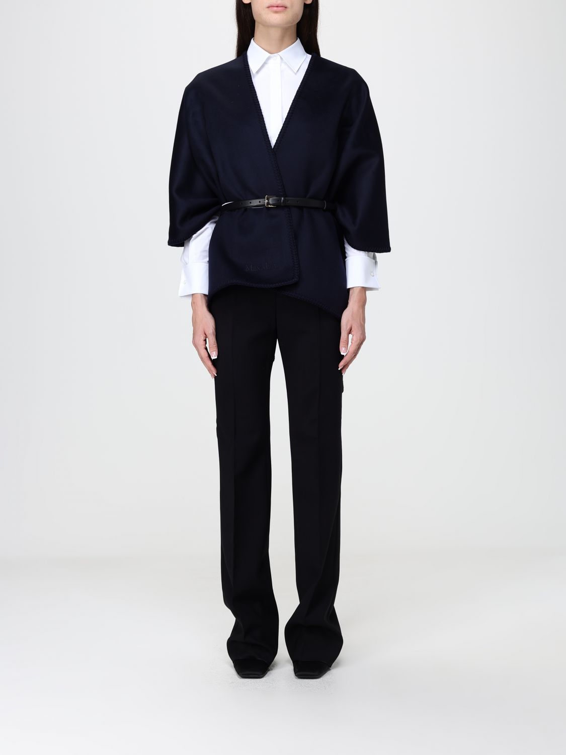 MAX MARA Mantella in pura lana vergine con cintura e orlo asimmetrico