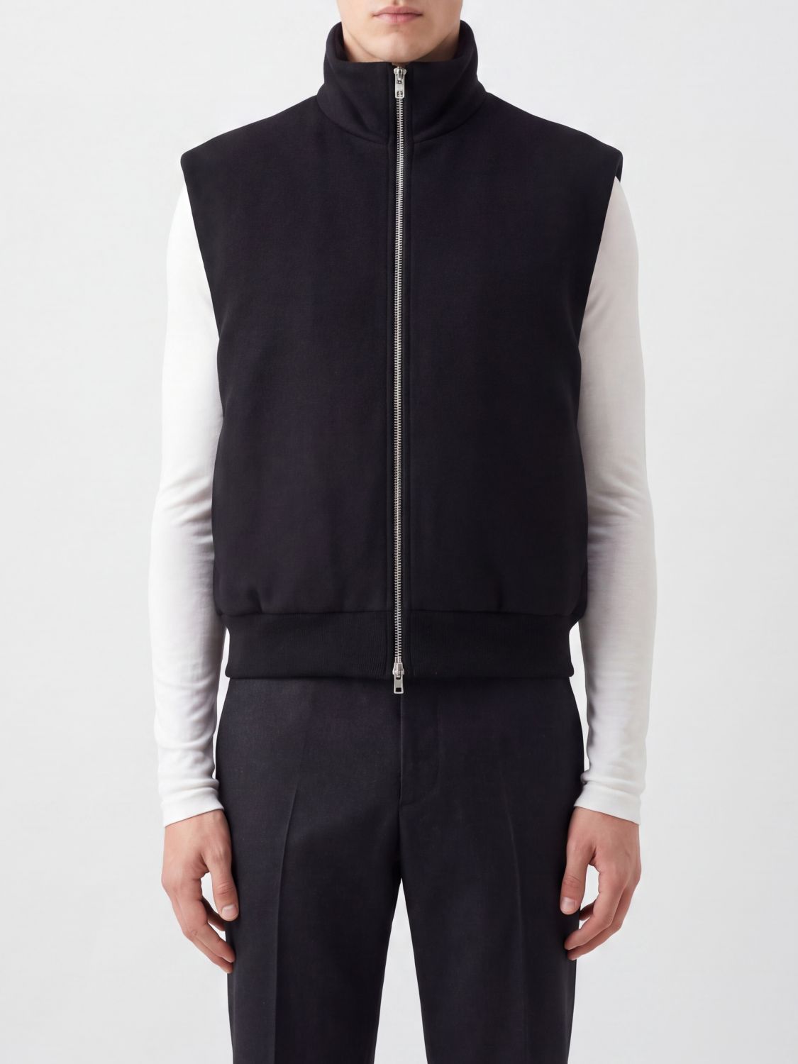 JIL SANDER Virgin Wool Bomber Waistcoat with High Neck and Zip Closure