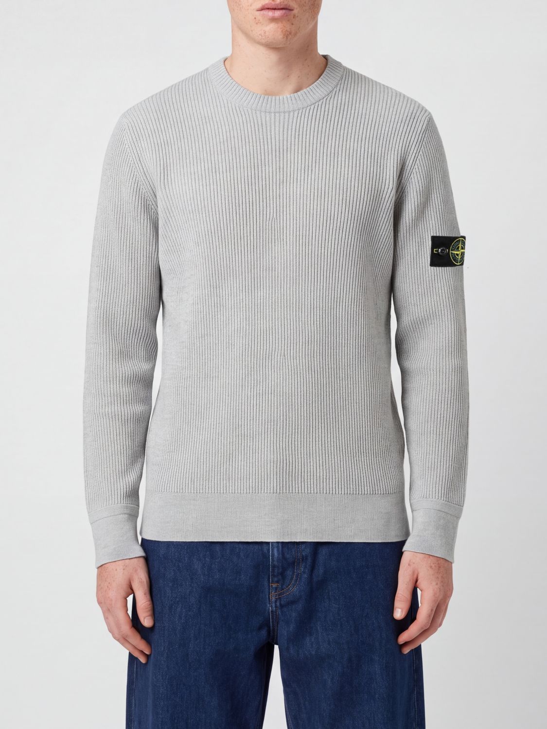 Stone Island Slim Fit Crewneck Wool Jumper With Compass Logo Patch In Sand