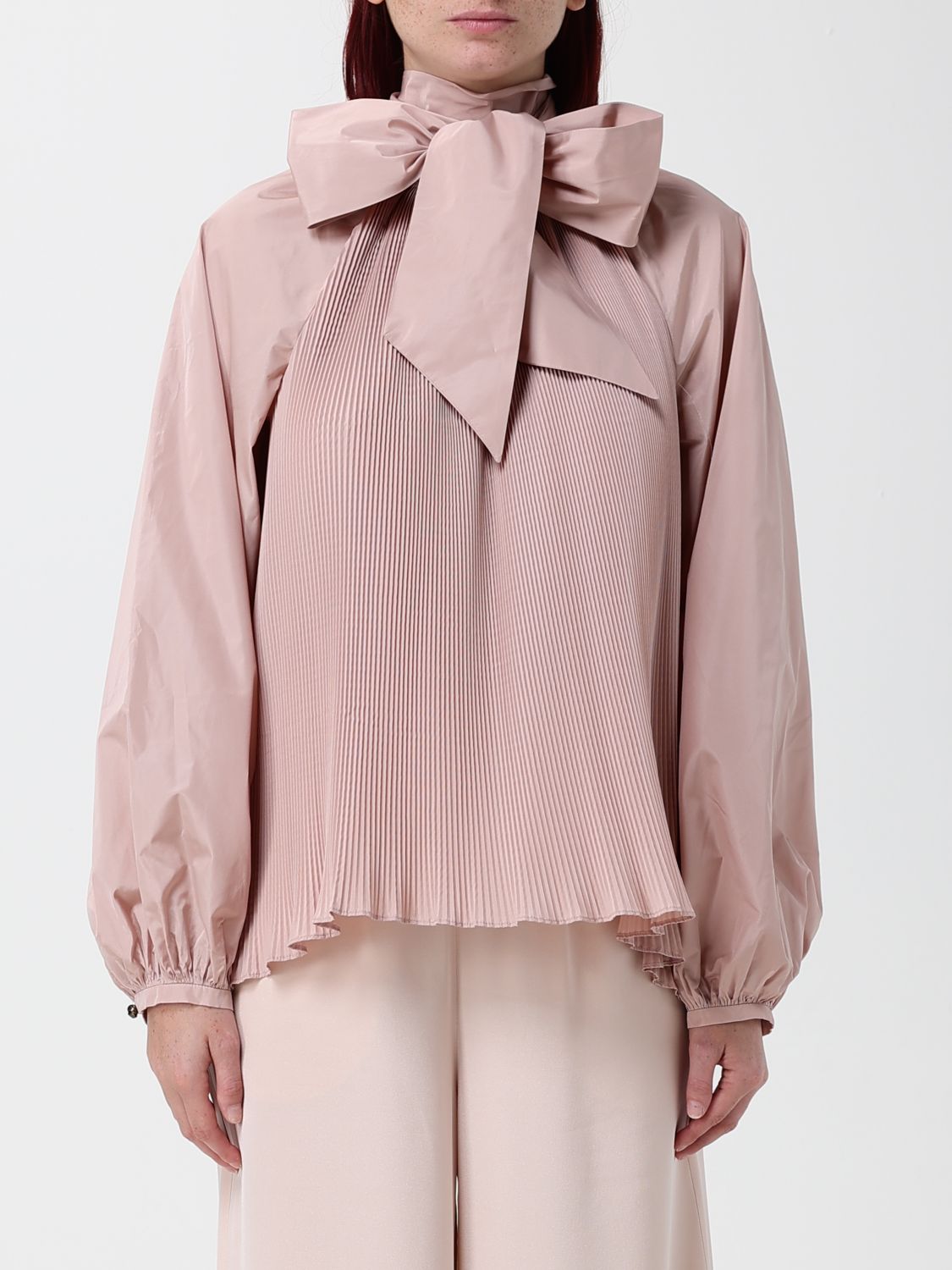 MAX MARA Pleated Silk-Blend Blouse with Scarf-Neck and Long Sleeves