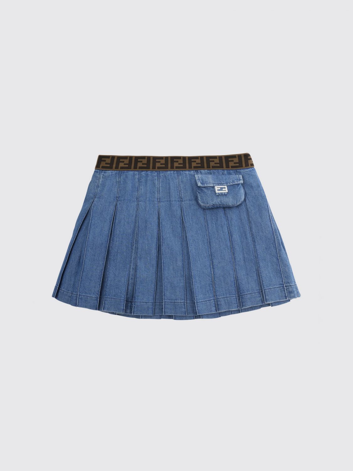 FENDI Plissierter Minirock für Jungen von aus Baumwolldenim mit Logo-Bund