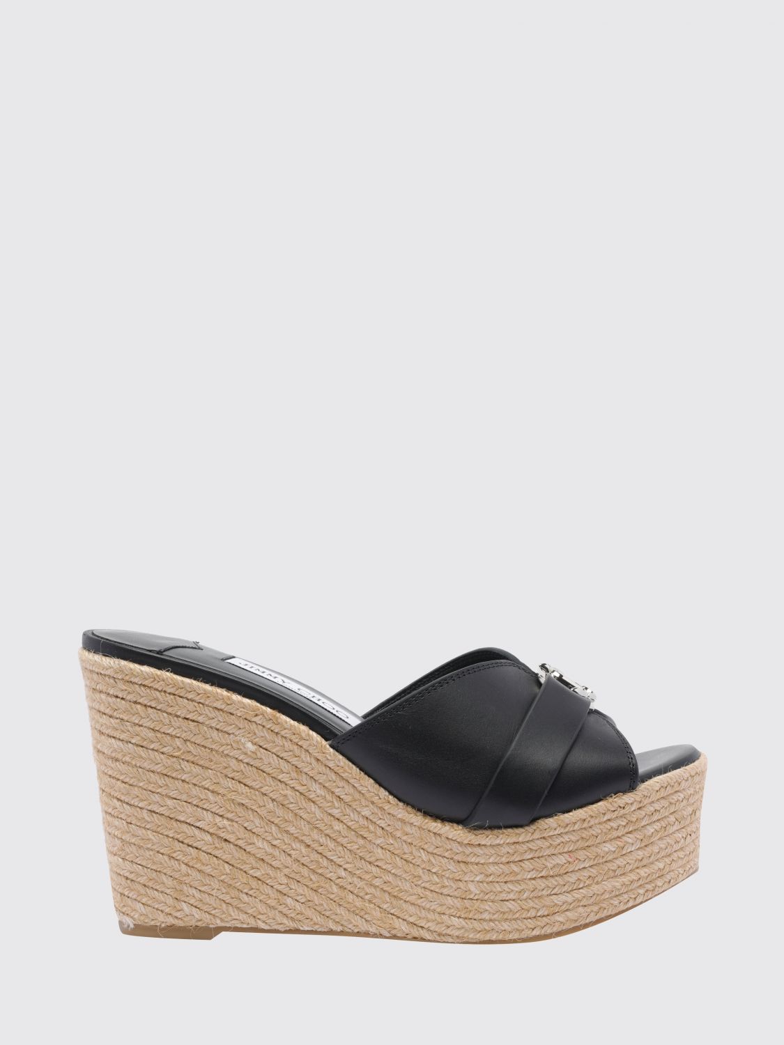 JIMMY CHOO Leda Wedge Sandals in Smooth Calfskin with Monogram and High Heel
