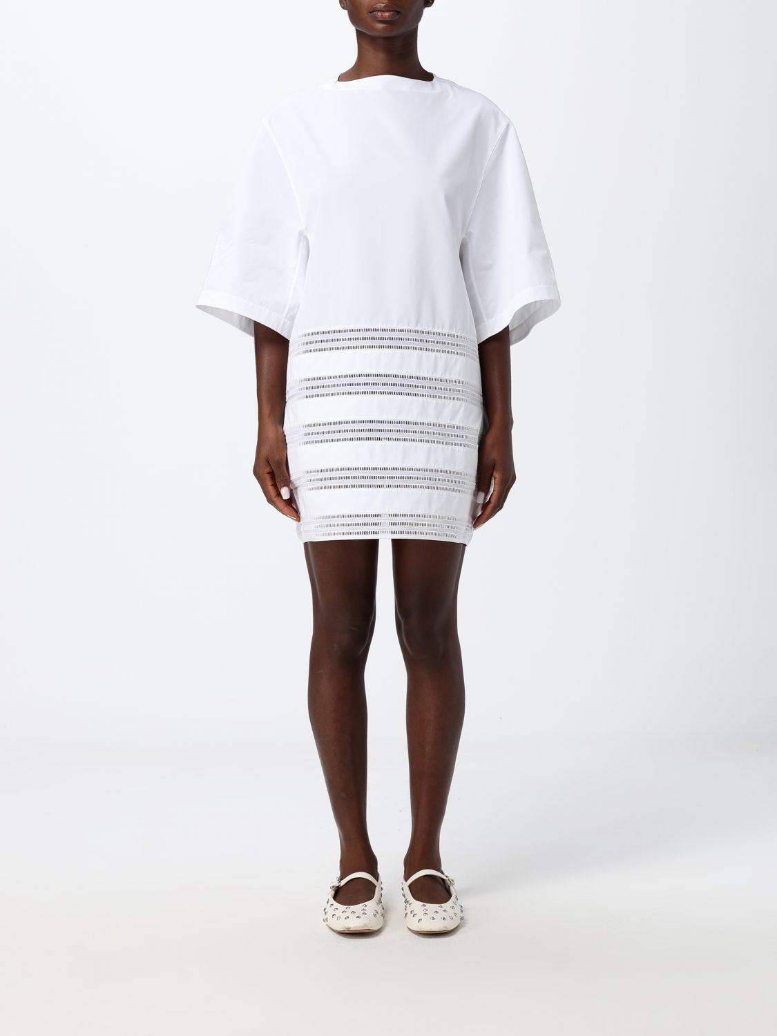 ALAÏA Perforated Cotton Poplin Mini Tunic with Short Sleeves