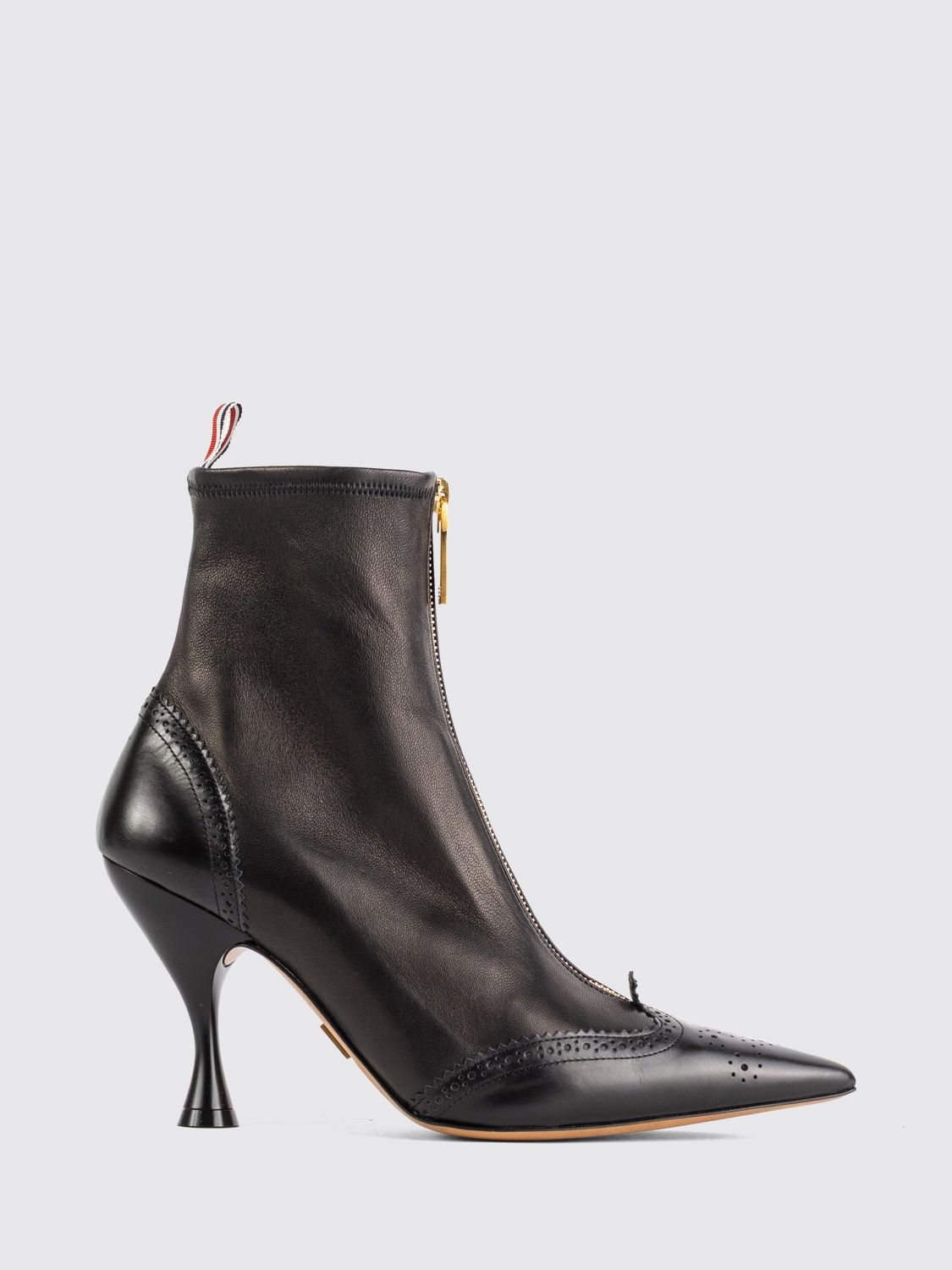 THOM BROWNE Wingtip Leather Ankle Boots with High Spool Heel and Rear Flag