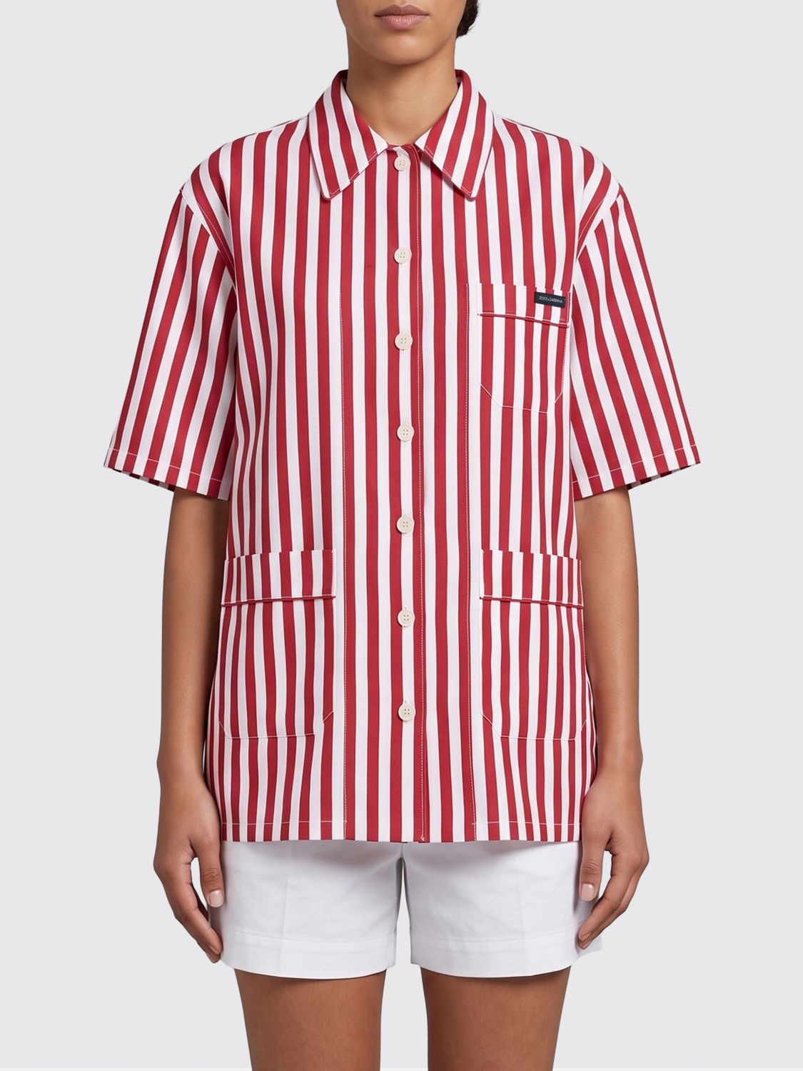 DOLCE & GABBANA Striped Cotton and Silk Short-Sleeve Shirt with French Collar