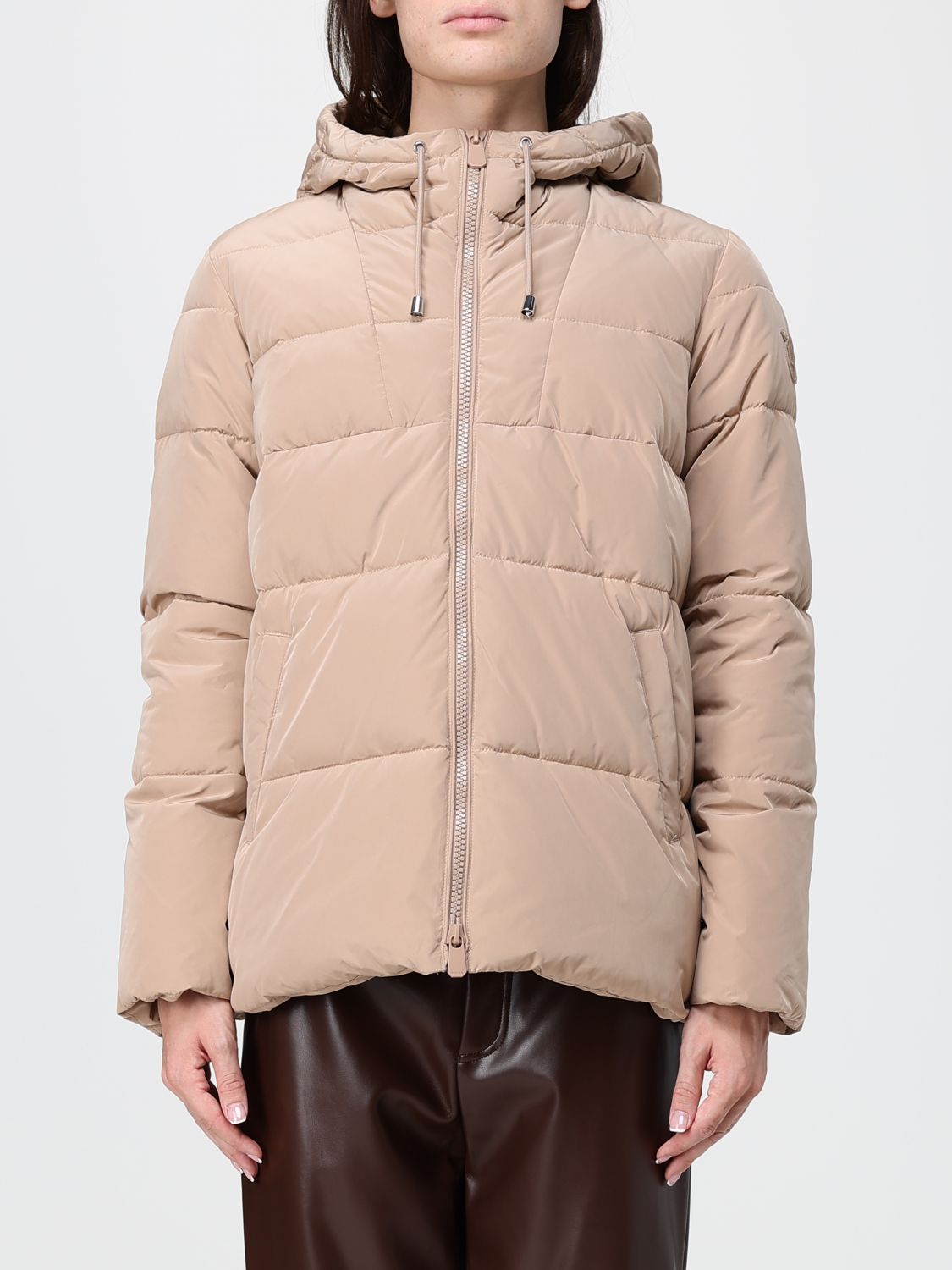 PINKO Eleodoro Cropped Quilted Nylon Puffer Jacket with Hood and Love Birds Logo