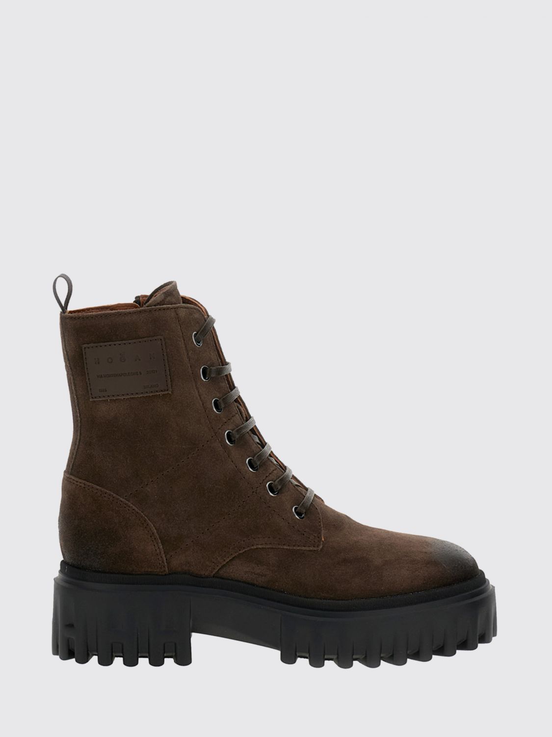 Hogan H700 Lace-Up Suede Calf Leather Combat Boots with Round Toe and Lug Sole