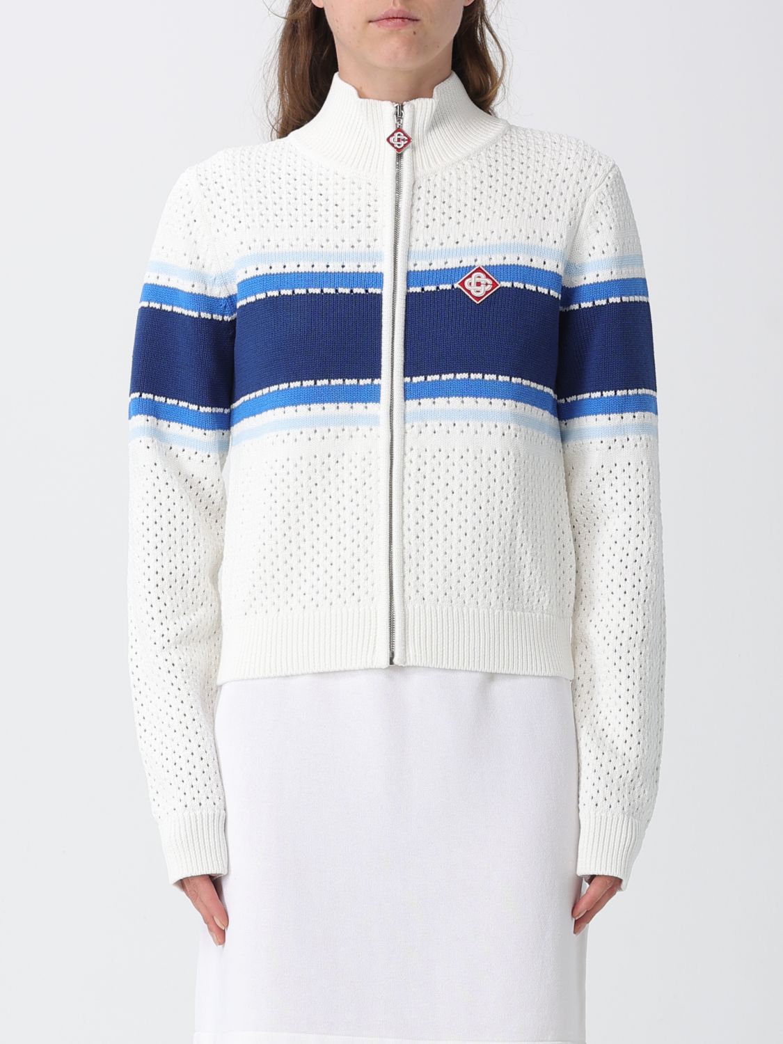 CASABLANCA Striped Perforated Knit Zip-Up Sweatshirt with High Neck