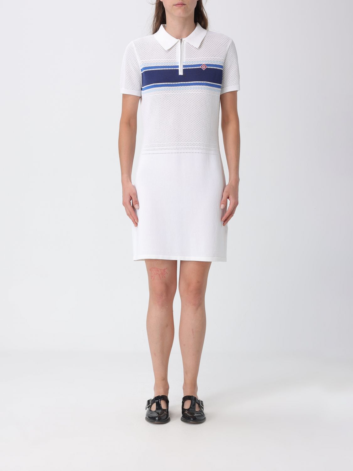CASABLANCA Striped Perforated-Knit Cotton-Blend Mini Polo Dress