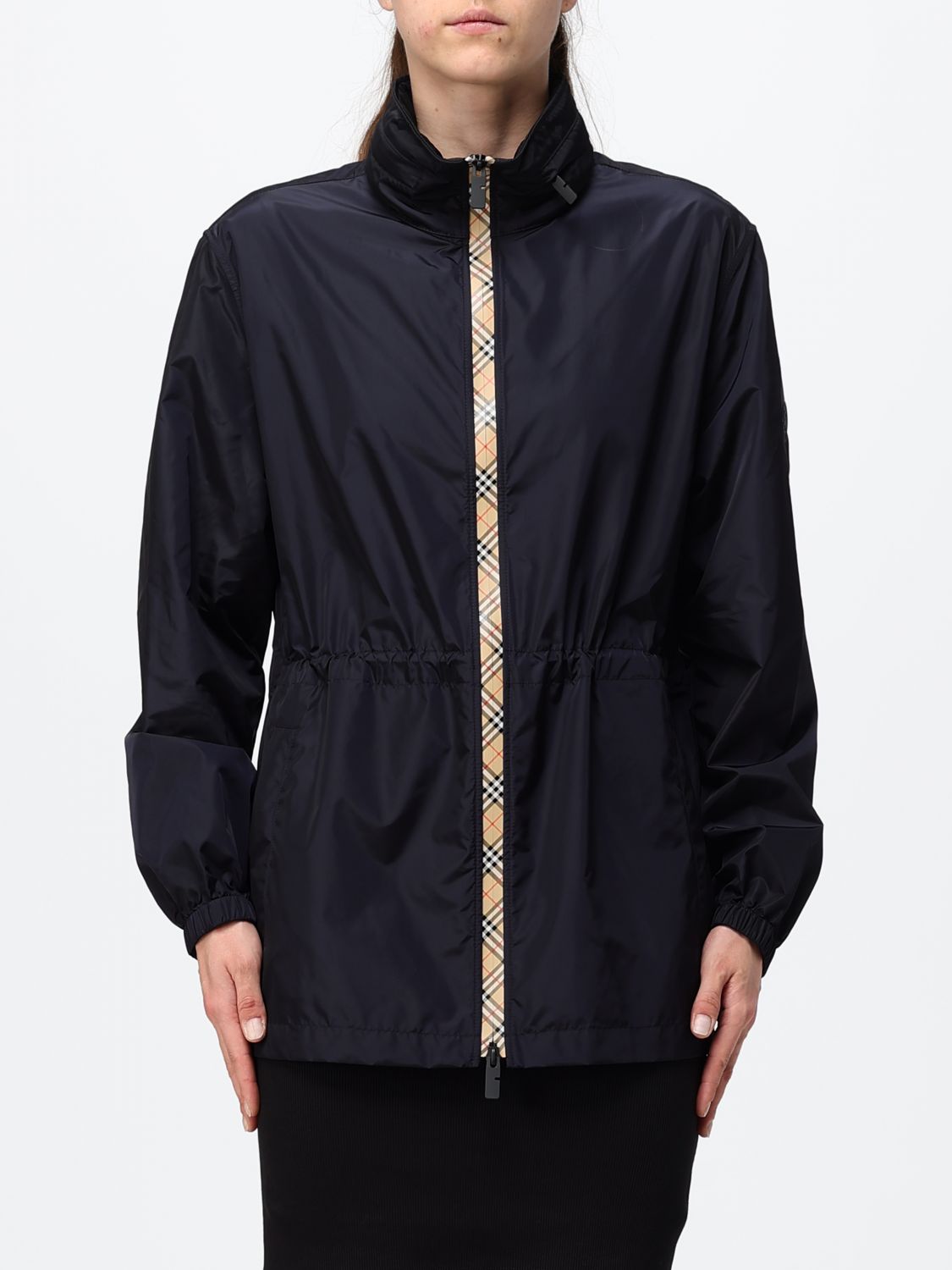 BURBERRY High-Neck Nylon Windbreaker Jacket with Contrast Piping