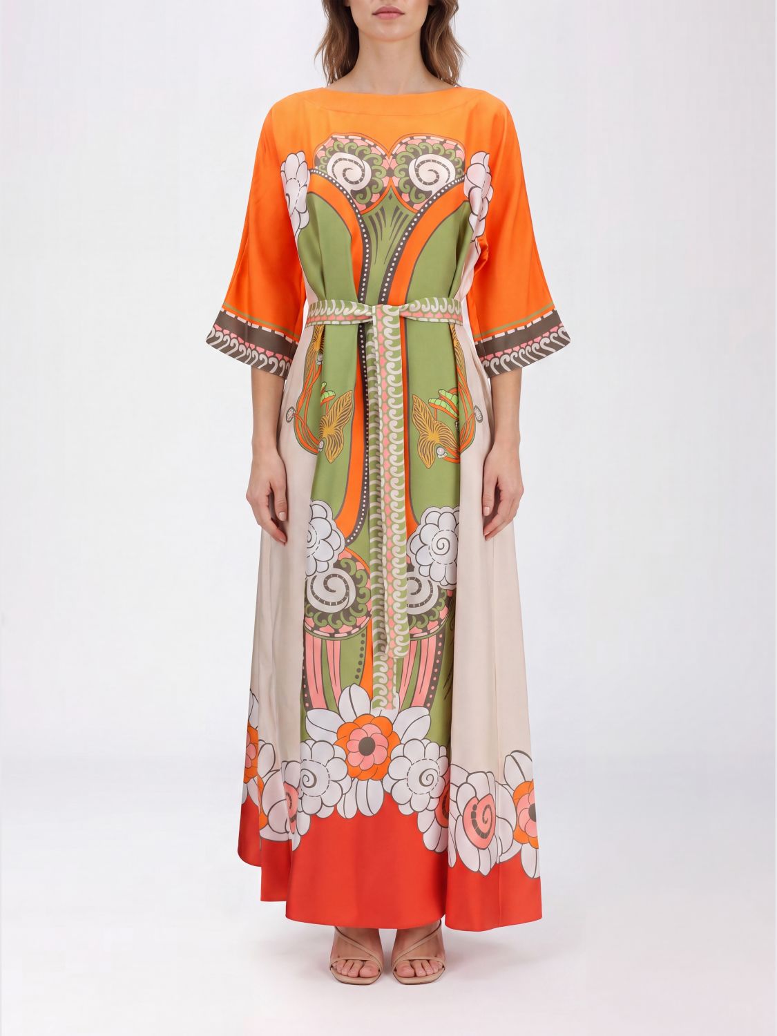 LA DOUBLEJ A-Line Long Silk Dress with Ethnic Print and Waist Belt