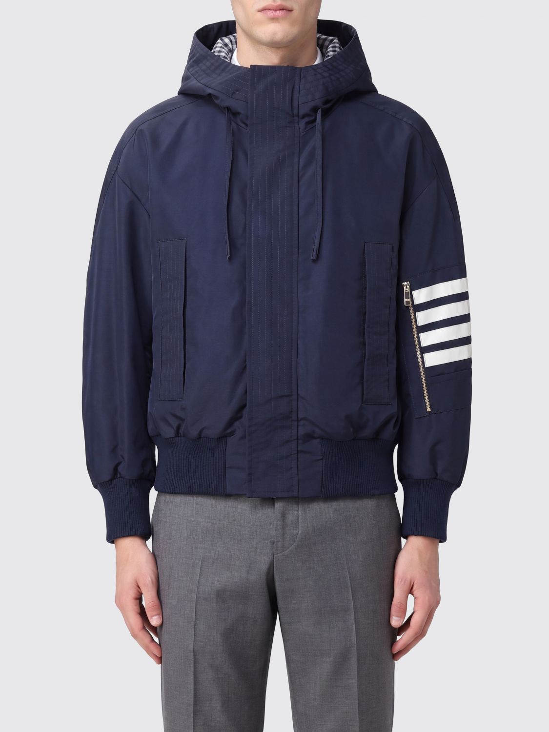 THOM BROWNE Cotton Bomber Jacket with Hood and 4-Bar Detail