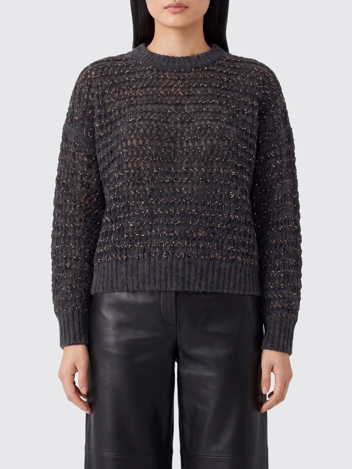 BRUNELLO CUCINELLI Openwork Wool and Cashmere Crewneck Jumper with Dropped Shoulders