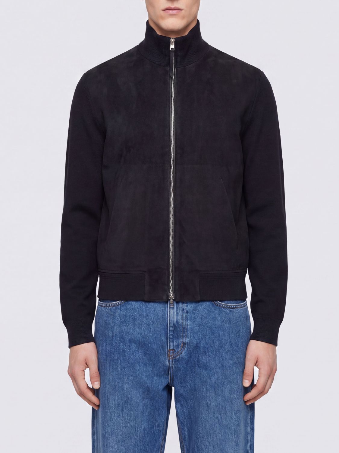 TOM FORD Suede Leather Cardigan with High Neck and Zip Closure