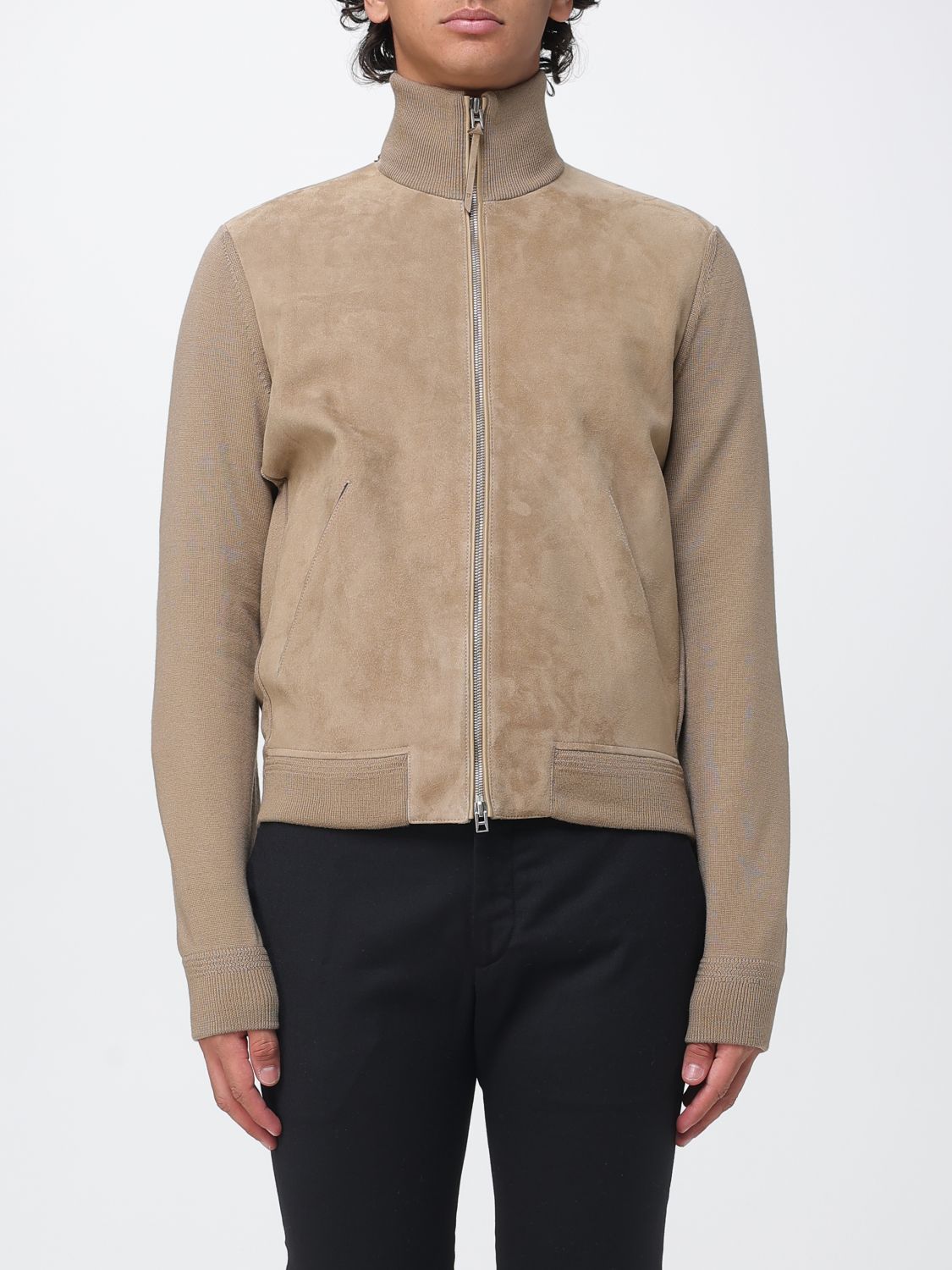 TOM FORD Suede Leather Cardigan with High Neck and Zip Closure