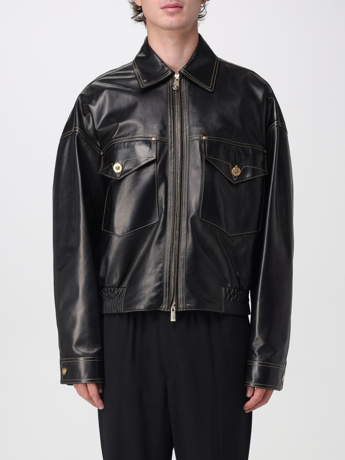 Versace Shirt-Style Jacket in Lambskin Leather with Flap Pockets