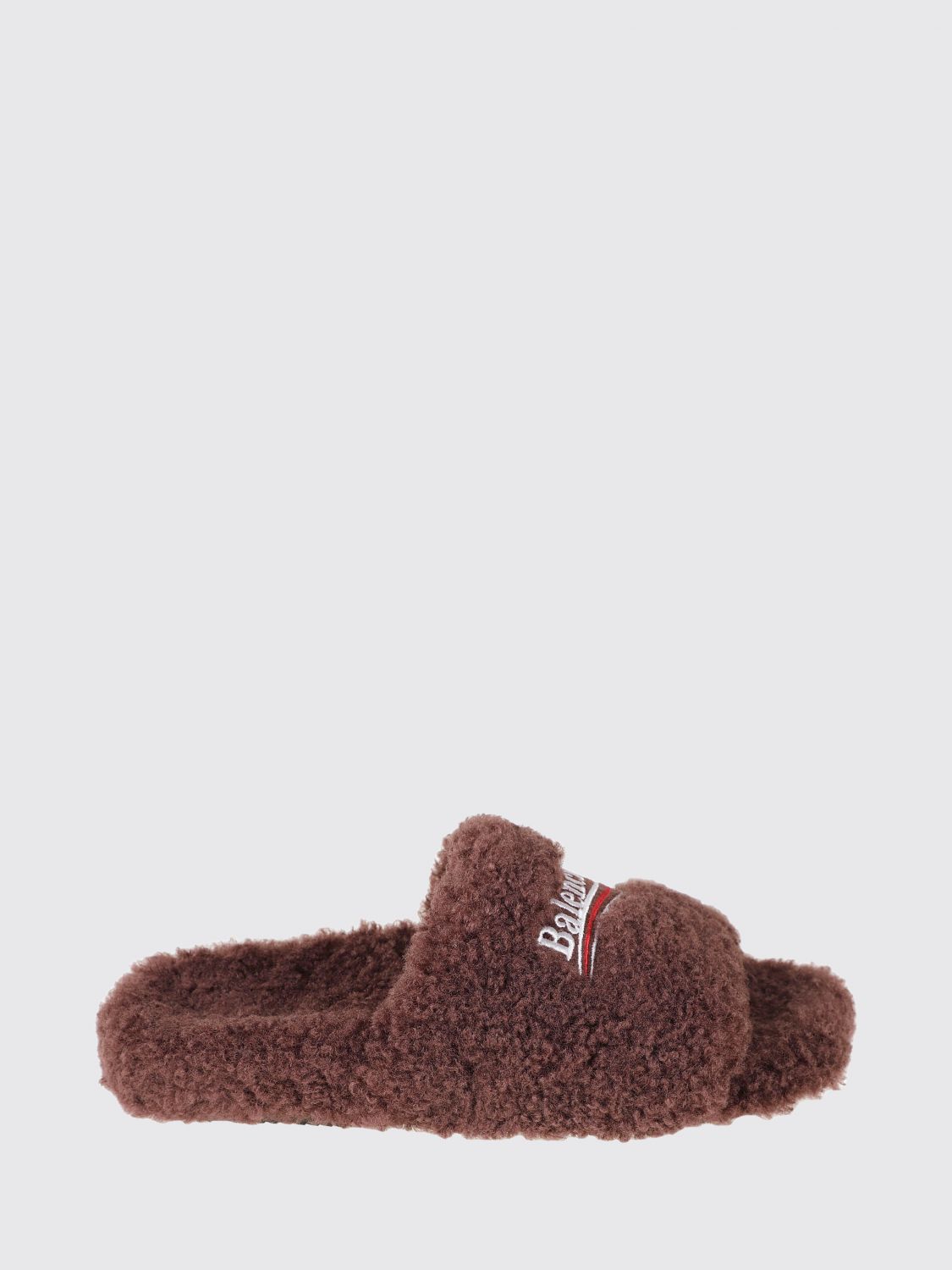 BALENCIAGA Faux Shearling Slides with Embroidered Political Logo