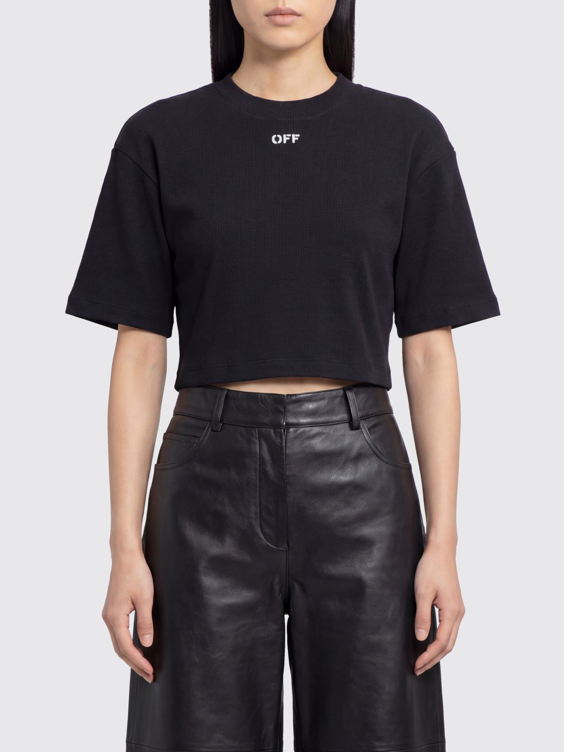 Off-White T-shirt cropped in cotone con logo a contrasto