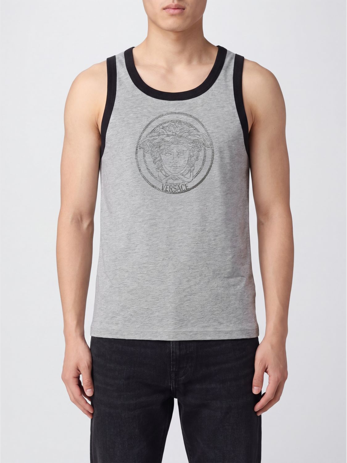 VERSACE Embroidered Medusa Logo and Rhinestone Cotton Tank Top