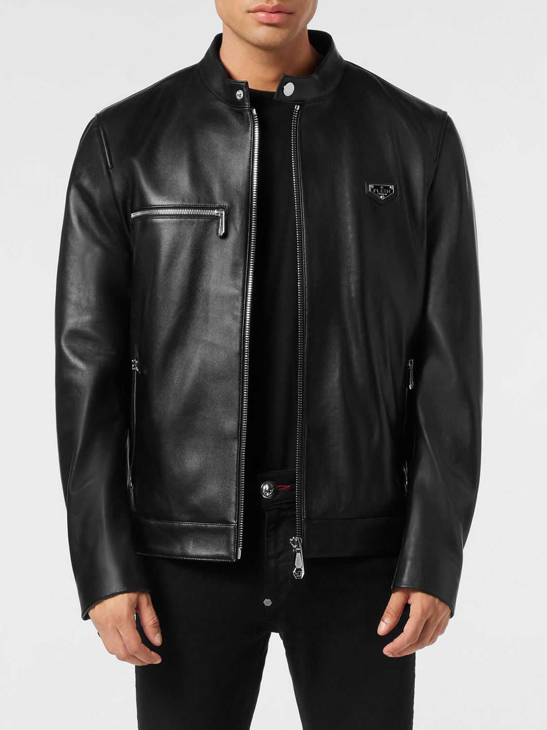 PHILIPP PLEIN Relaxed Fit Leather Jacket with High Neck and Zip Details