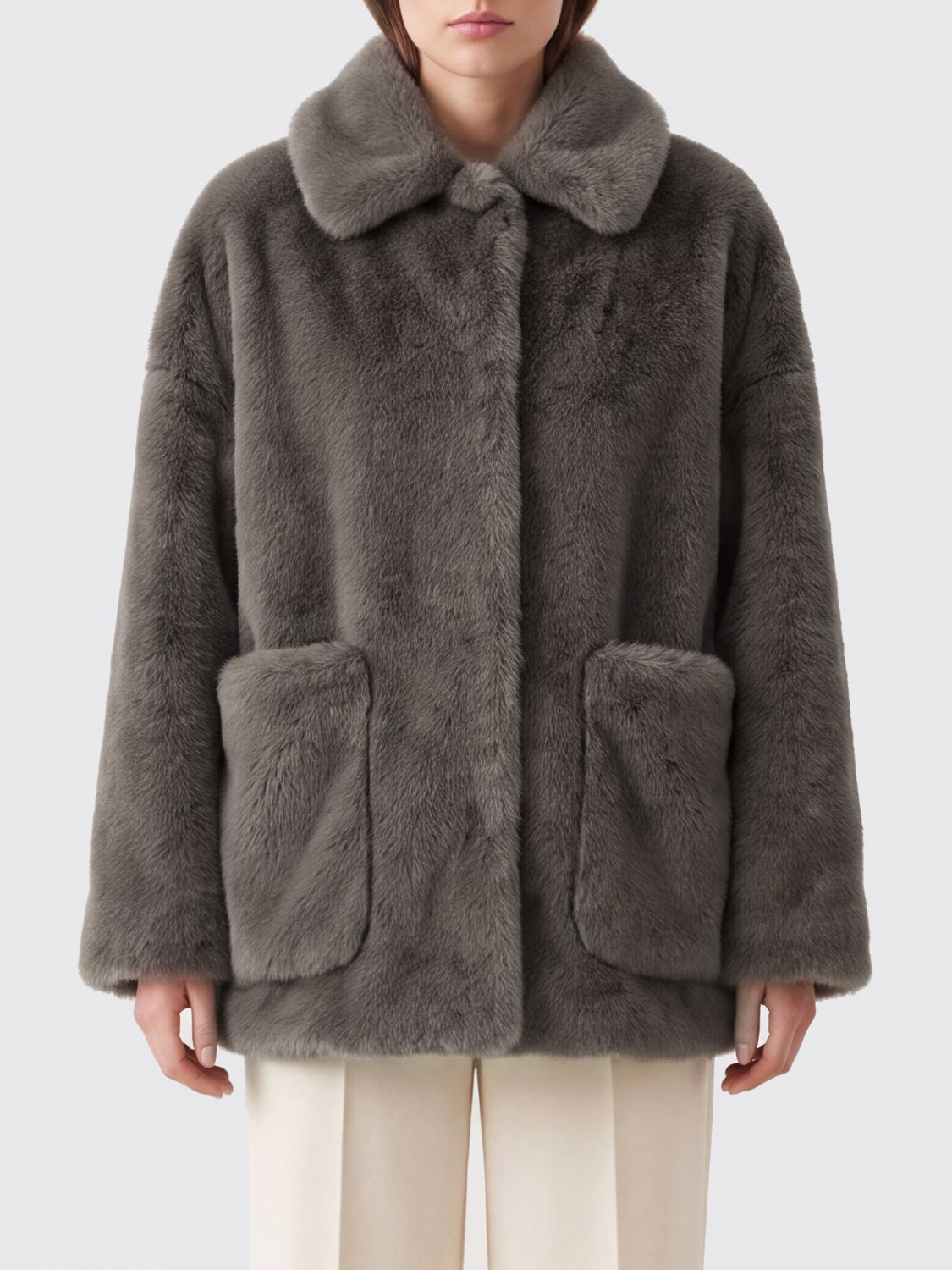 HERNO Faux Fur Coat with Classic Collar and Dropped Shoulders
