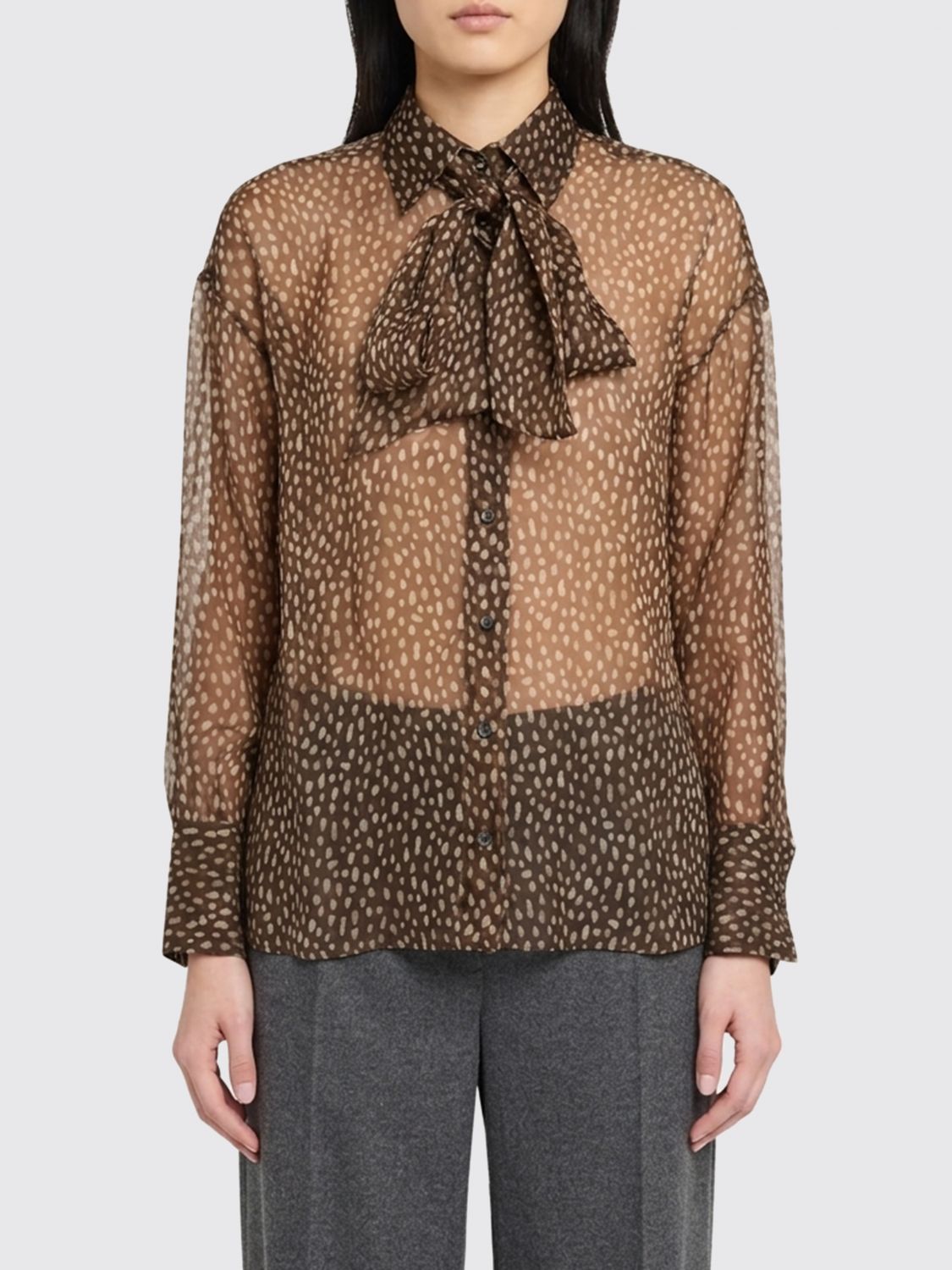 BRUNELLO CUCINELLI Polka-Dot Shirt in Pure Silk with Pussy-Bow Collar