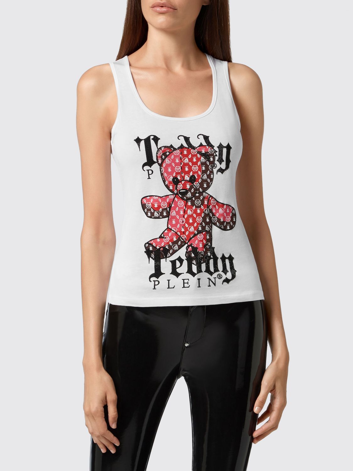 PHILIPP PLEIN Slim Fit Teddy Bear Print Jersey Tank Top with Square Neck