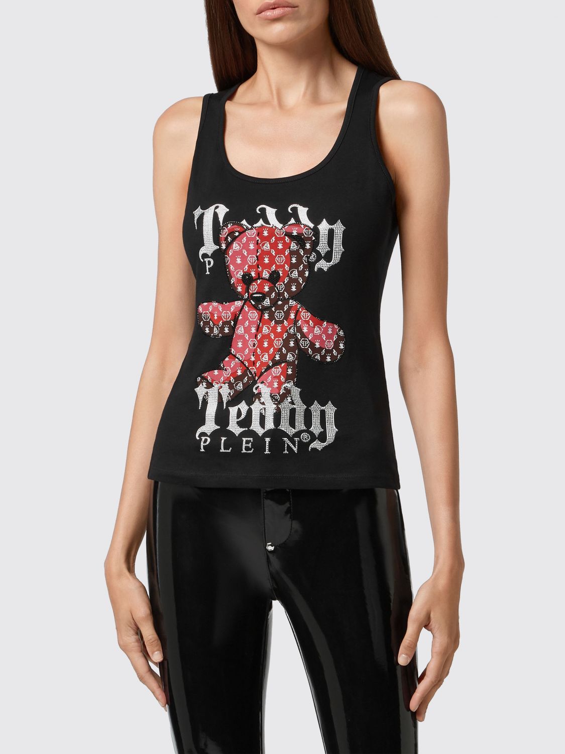 PHILIPP PLEIN Slim Fit Teddy Bear Print Jersey Tank Top with Square Neck