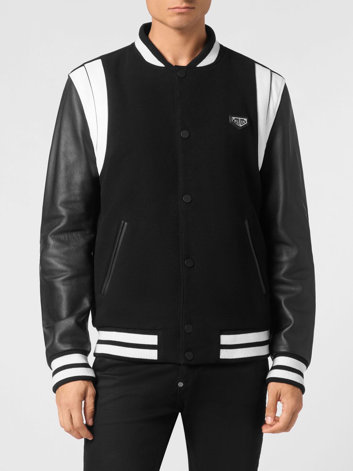 PHILIPP PLEIN Calfskin and Fabric Bomber Jacket with Contrast Trims