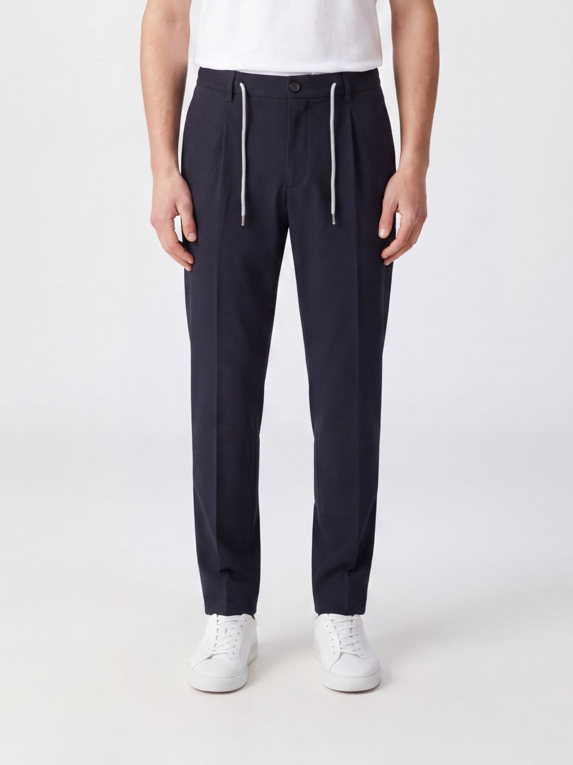 Eleventy Slim Fit Pleated Cotton Chino Trousers with Drawstring Waist