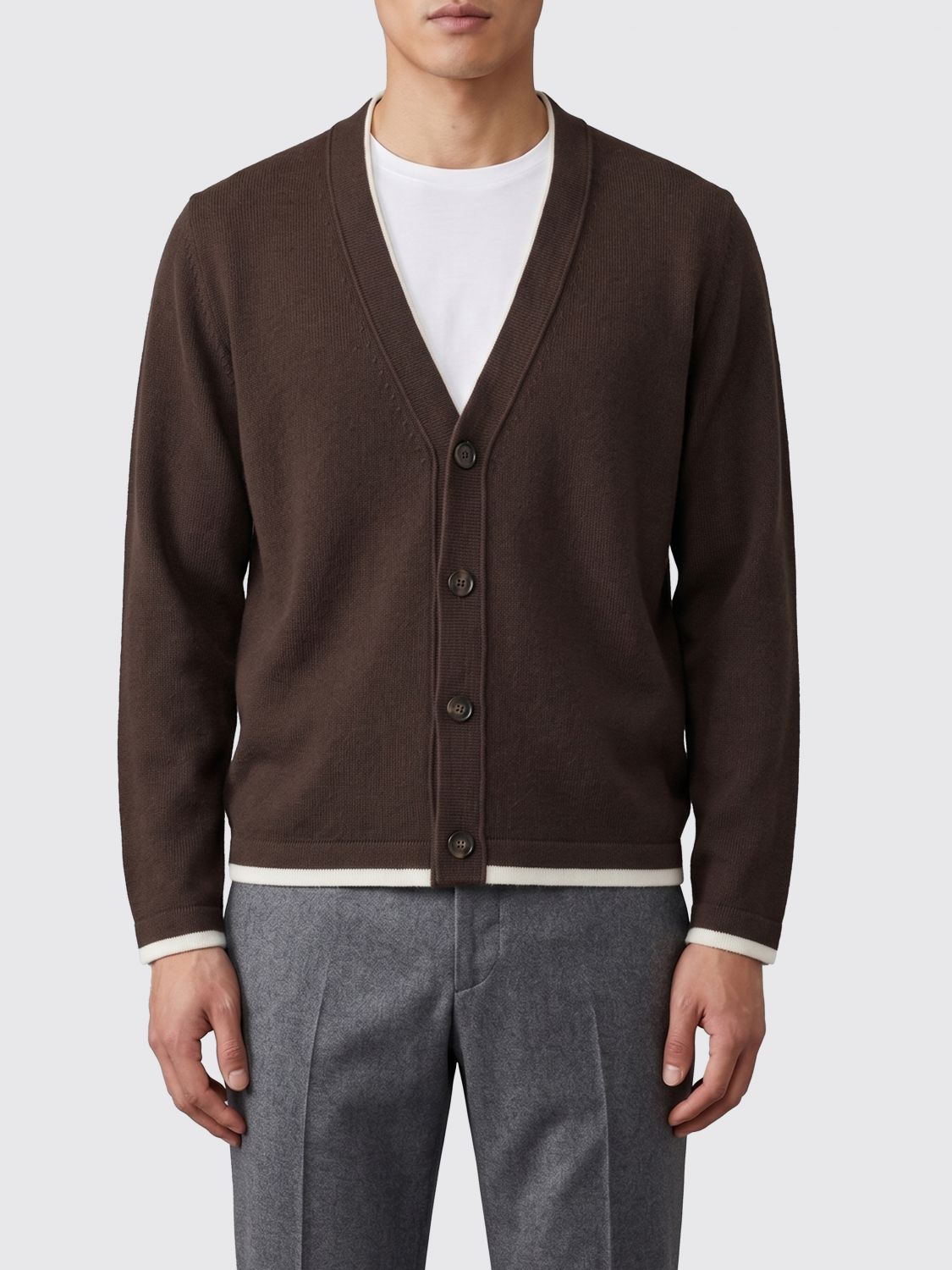 Eleventy V-Neck Wool and Cashmere Blend Cardigan with Contrast Trims