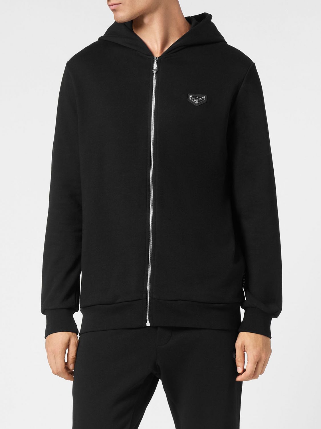 PHILIPP PLEIN Felpa in cotone con cappuccio, zip e tasche a fessura