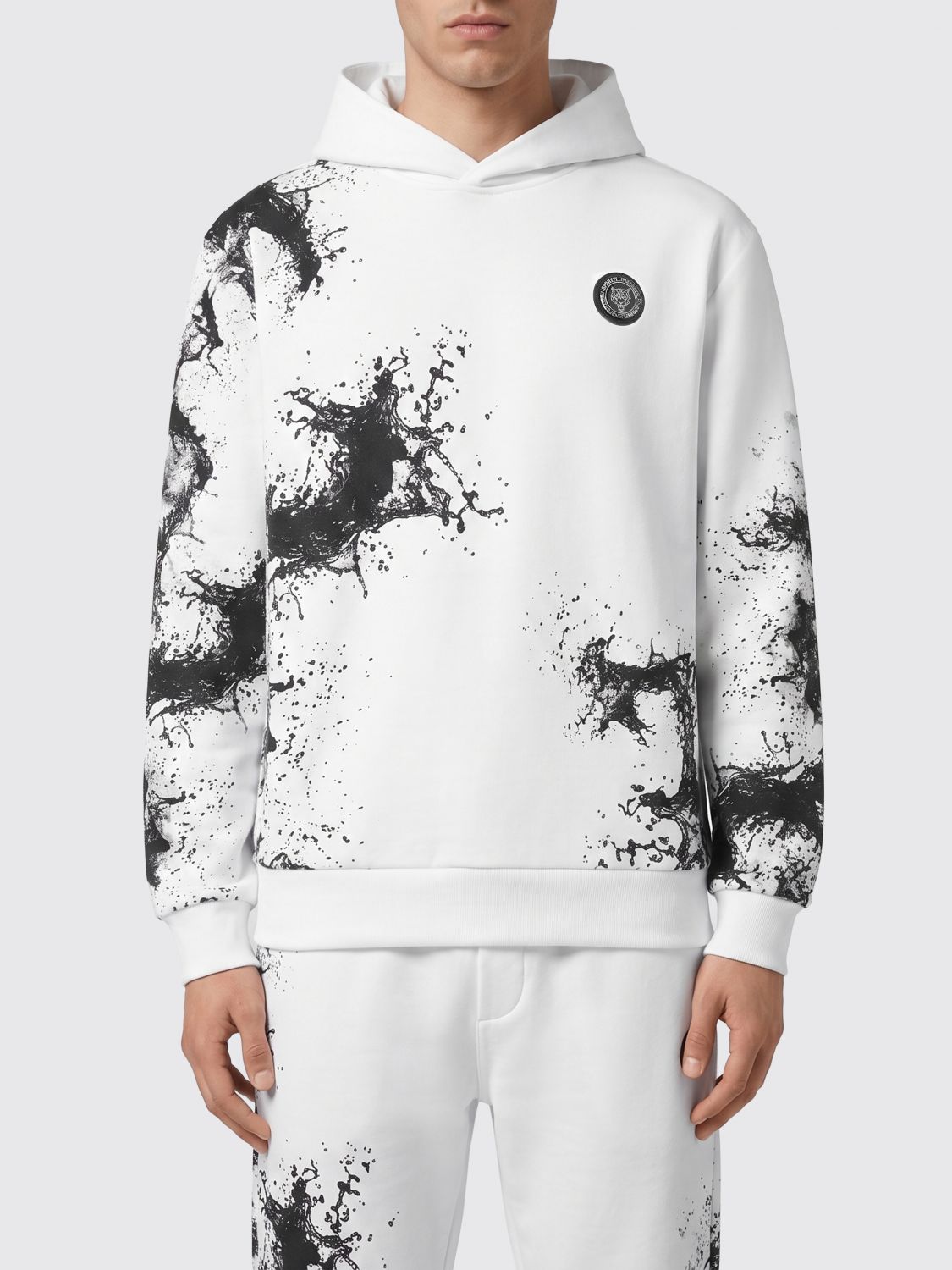 Plein Sport Felpa in cotone con cappuccio, stampa astratta e logo Hexagon