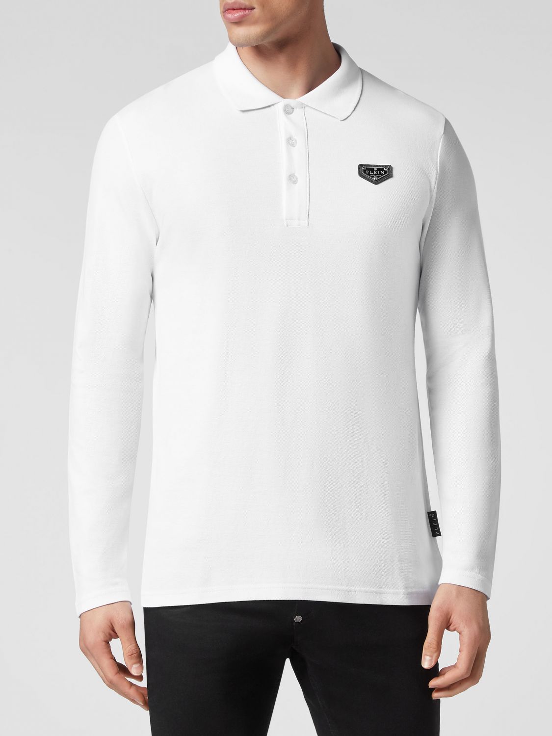 PHILIPP PLEIN Slim Fit Long-Sleeved Cotton Polo Shirt with Applied Logo