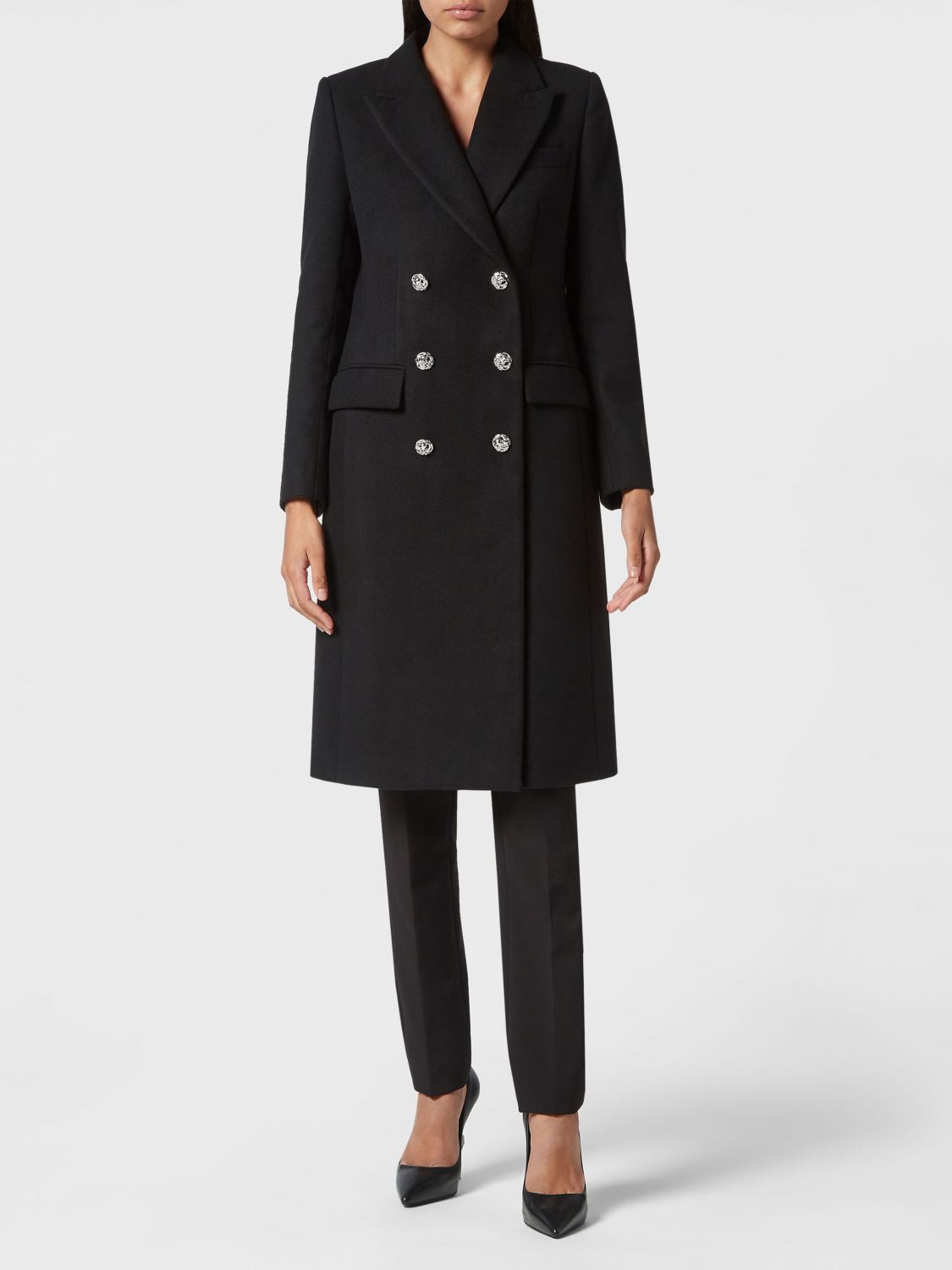 PHILIPP PLEIN Double-Breasted Knee-Length Wool Coat
